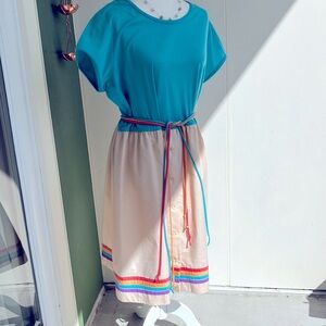 Vintage 70s Volup Rainbow Stripe Trim Dress